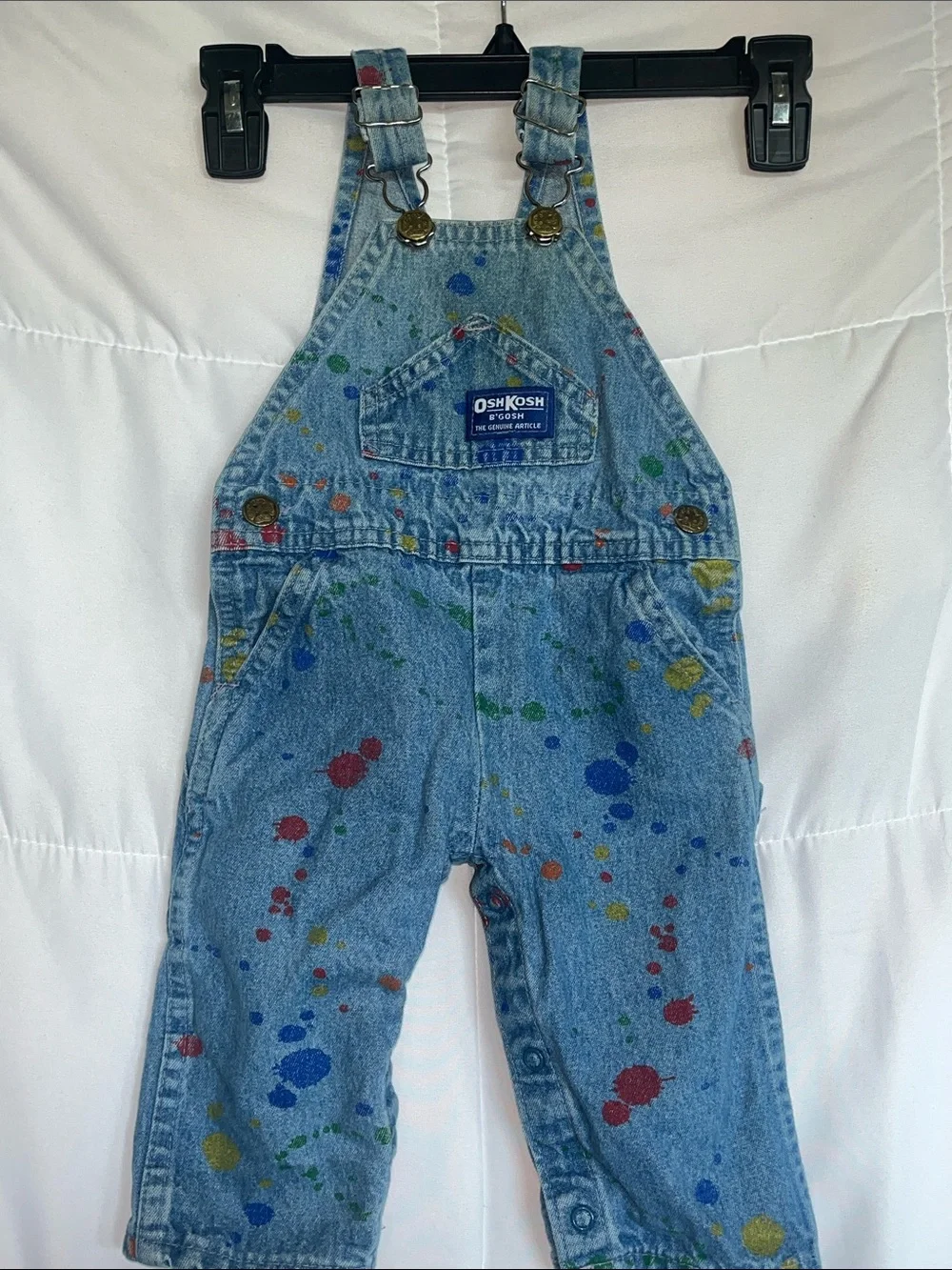 Vtg OshKosh B’Gosh Denim Cotton Splatter Paint VestBak 12 Mos Overalls